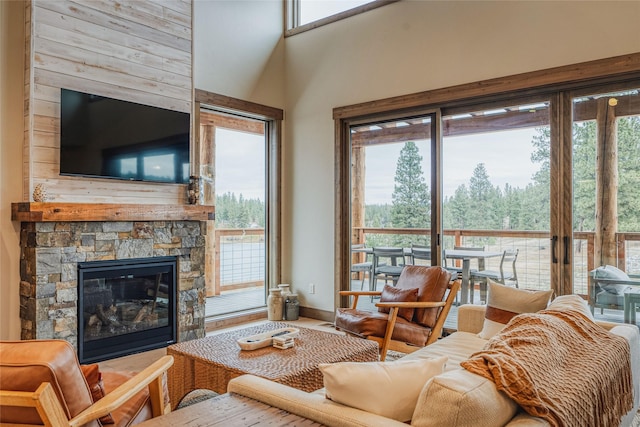 30 Ninebark Way, Eureka, MT 59917 - living area featuring baseboards, a stone fireplace, a healthy amount of sunlight, and wood finished floors