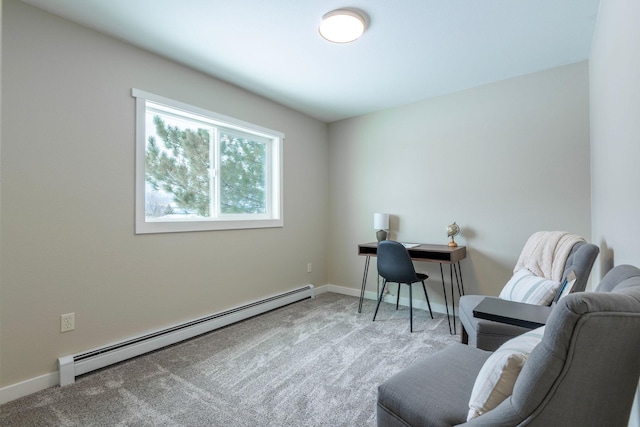 interior space with baseboard heating, carpet flooring, and baseboards