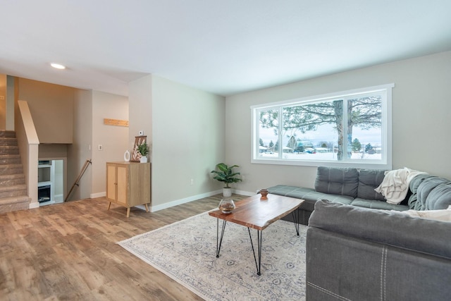 living area featuring baseboards and wood finished floors