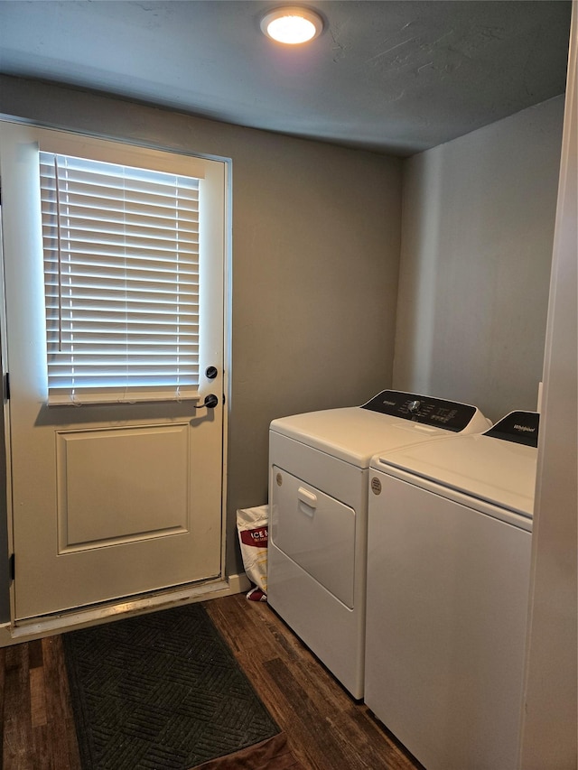 laundry room featuring dark wood-style floors, laundry area, and independent washer and dryer