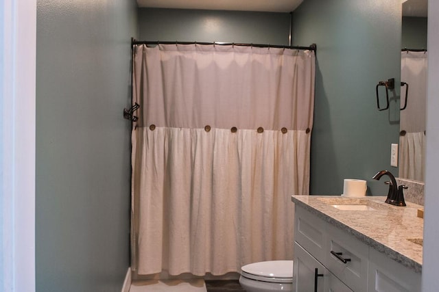 full bathroom featuring toilet, curtained shower, and vanity