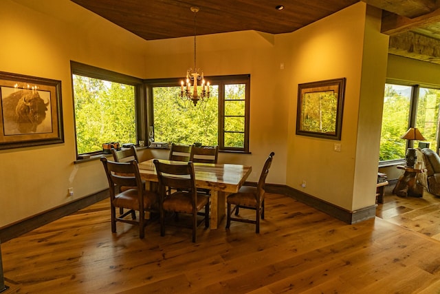 dining space with a chandelier, wood ceiling, dark wood-style flooring, and a wealth of natural light