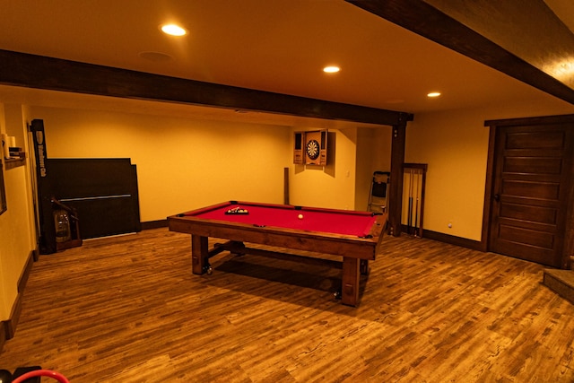 recreation room featuring baseboards, billiards, wood finished floors, and recessed lighting