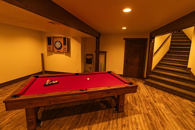 recreation room featuring billiards, baseboards, wood finished floors, and recessed lighting