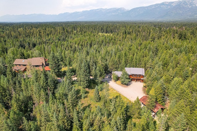 drone / aerial view featuring a mountain view and a wooded view