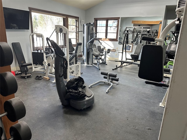 exercise room featuring vaulted ceiling