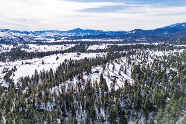 snowy aerial view with a mountain view