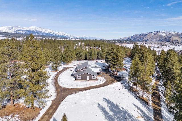 snowy aerial view featuring a mountain view