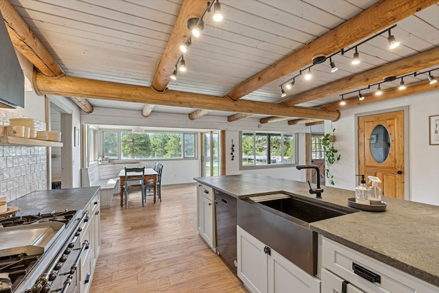 kitchen with light wood-style floors, plenty of natural light, white cabinetry, and a sink