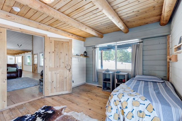 unfurnished bedroom featuring wooden walls, wood ceiling, beamed ceiling, and wood-type flooring