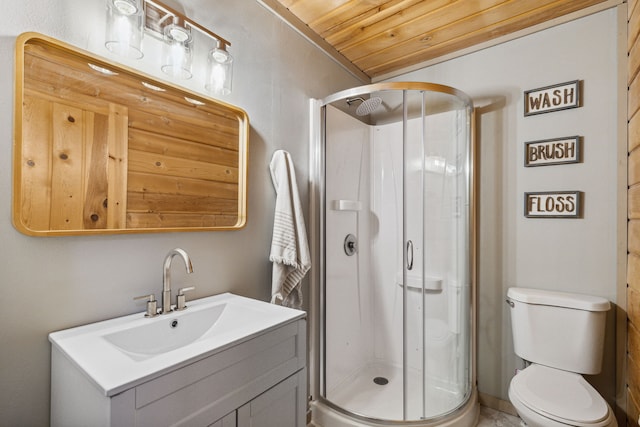 bathroom featuring a stall shower, wooden ceiling, vanity, and toilet