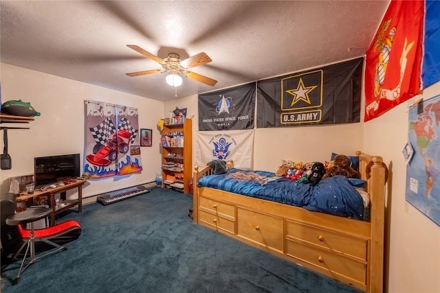 bedroom with dark carpet, a textured ceiling, and ceiling fan