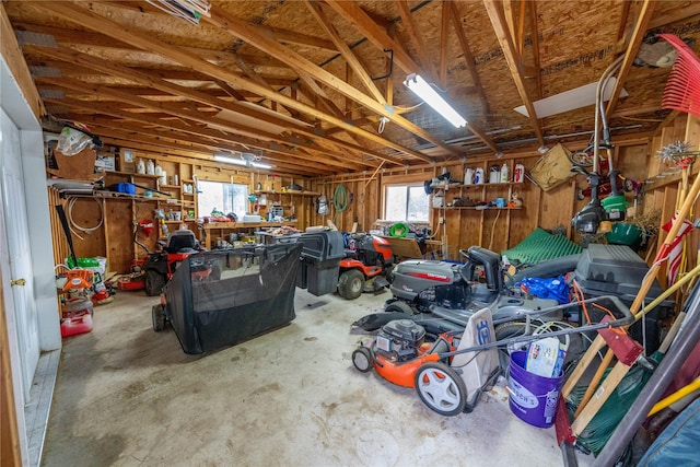 garage with a workshop area