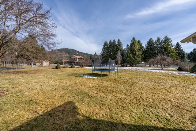 647 Northwood Ave, Libby, MT 59923 - view of green lawn featuring a trampoline and a mountain view