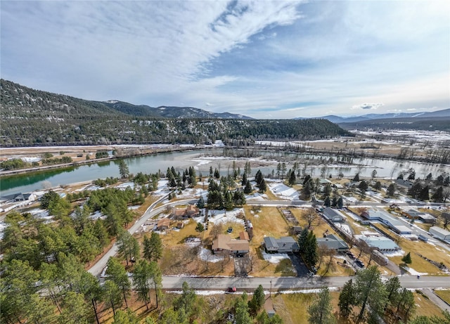 aerial view with a water and mountain view