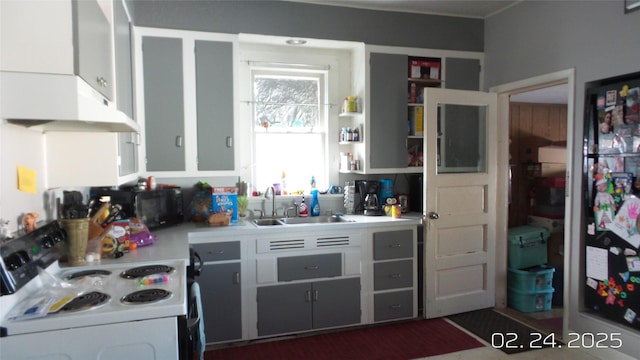 kitchen with black microwave, under cabinet range hood, electric range, a sink, and light countertops