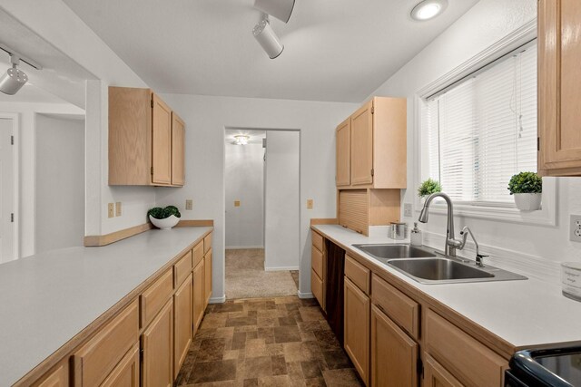 312 Ponderosa St, Kalispell, MT 59901 - kitchen featuring light countertops, rail lighting, stone finish flooring, and light brown cabinetry