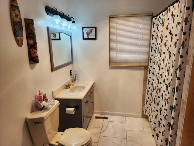 bathroom with marble finish floor, visible vents, toilet, vanity, and a shower with curtain