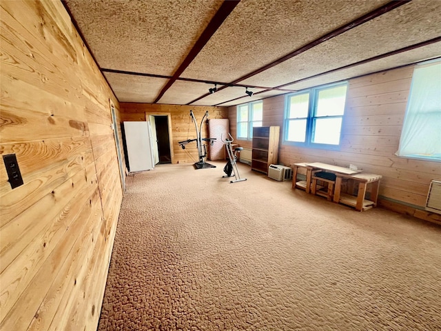 exercise area with carpet flooring, wood walls, and a textured ceiling