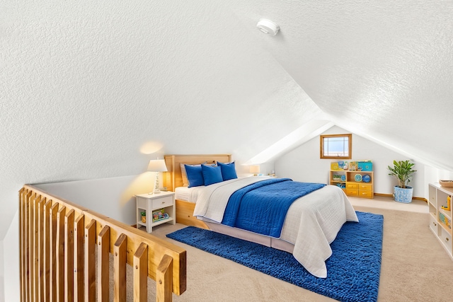 bedroom with lofted ceiling, light carpet, and a textured ceiling