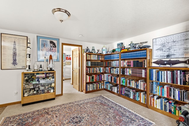 sitting room featuring light carpet and baseboards