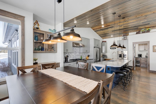 dining space with lofted ceiling, dark wood-style flooring, wooden ceiling, and recessed lighting