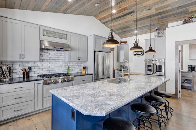 kitchen featuring a kitchen island with sink, under cabinet range hood, stainless steel appliances, dark stone counters, and pendant lighting