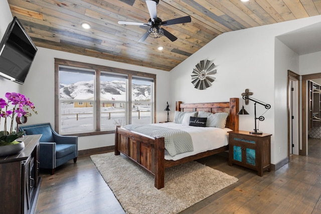 bedroom featuring baseboards, dark wood-style floors, wood ceiling, vaulted ceiling, and recessed lighting