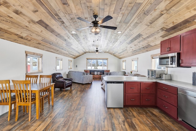 kitchen with reddish brown cabinets, wooden ceiling, open floor plan, stainless steel appliances, and light countertops