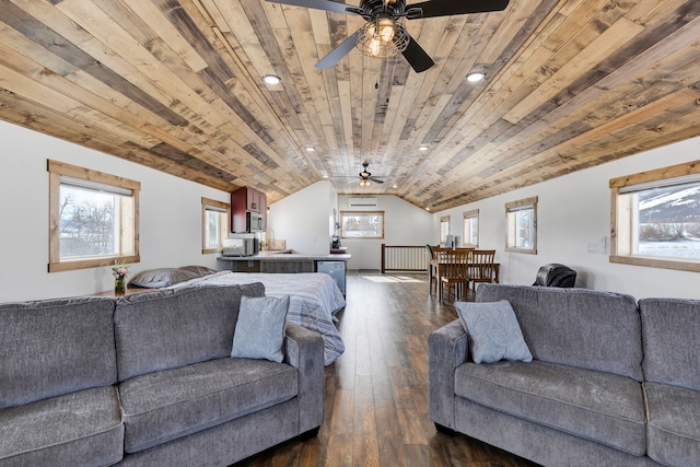 living area with dark wood finished floors, a ceiling fan, wood ceiling, vaulted ceiling, and recessed lighting