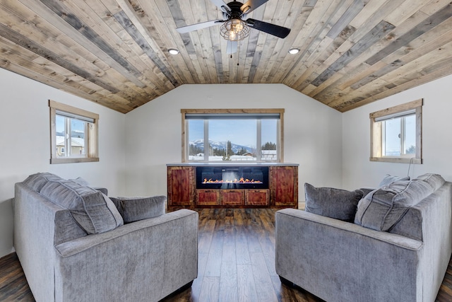 living area with vaulted ceiling, wood ceiling, a fireplace, and dark wood-style flooring