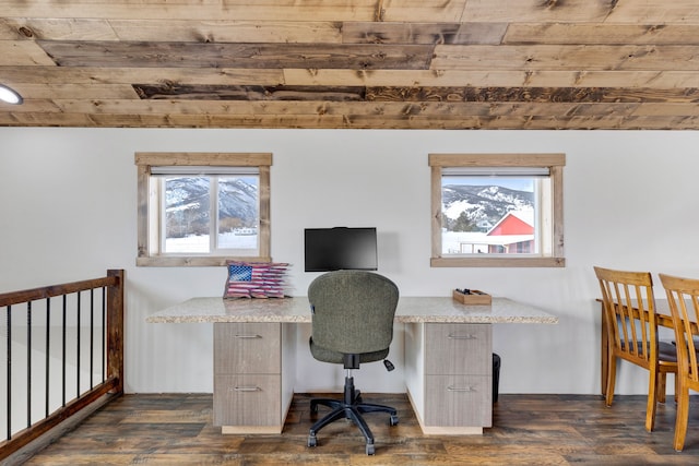 home office featuring vaulted ceiling and dark wood-type flooring