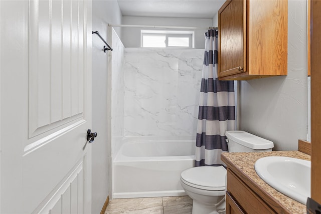 bathroom with vanity, toilet, and shower / bath combo with shower curtain