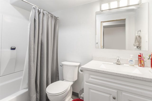 bathroom with toilet, shower / bath combination with curtain, and vanity