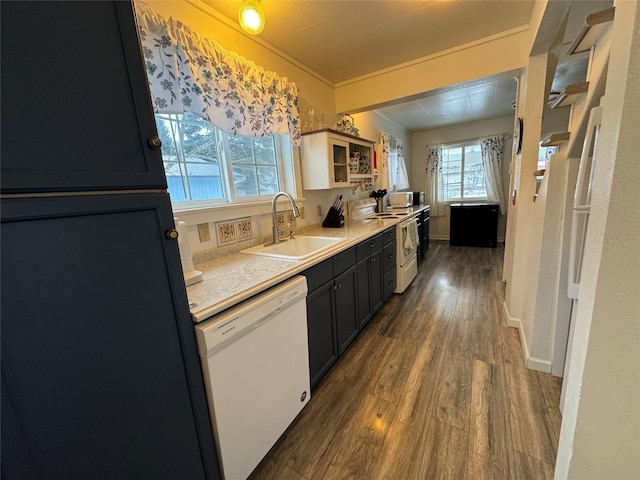 kitchen with open shelves, light countertops, a sink, wood finished floors, and white appliances