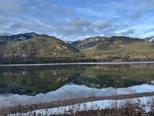 mountain view with a water view and a wooded view