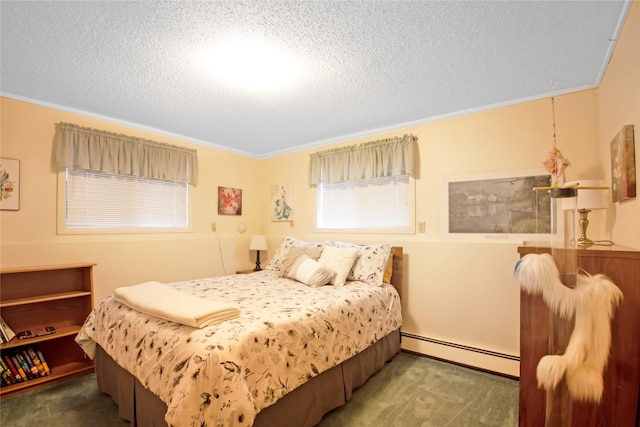 bedroom featuring a baseboard radiator, crown molding, a textured ceiling, and dark colored carpet