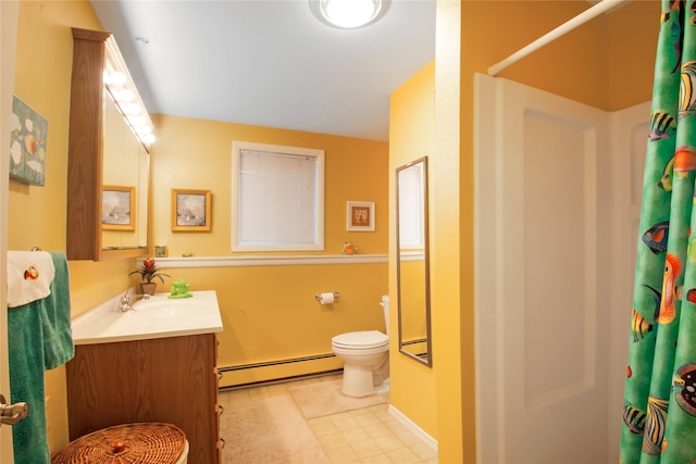 full bathroom featuring toilet, a shower with shower curtain, a baseboard radiator, and vanity