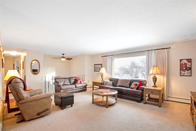 living room featuring a baseboard radiator and light colored carpet