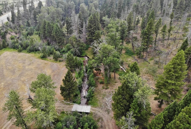 birds eye view of property featuring a wooded view