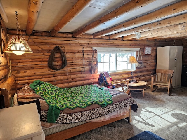 bedroom with carpet, beamed ceiling, and log walls