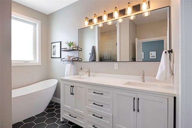 full bathroom with a soaking tub, walk in shower, a sink, and double vanity