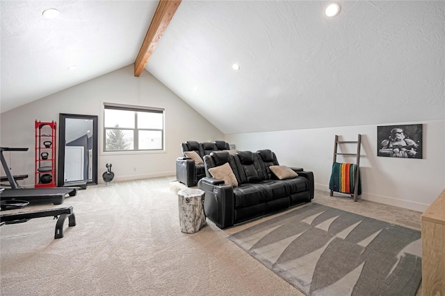 interior space with carpet floors, vaulted ceiling with beams, a textured ceiling, and baseboards