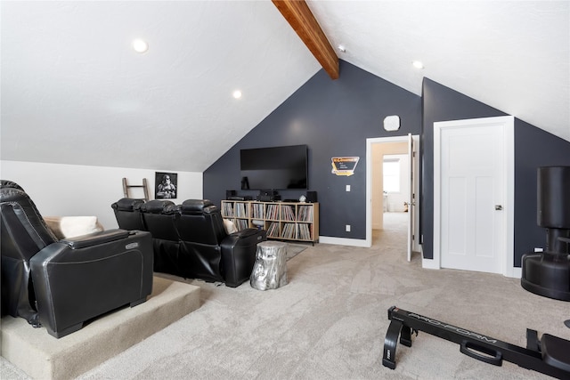 interior space featuring lofted ceiling with beams, carpet flooring, and baseboards