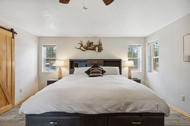 bedroom with light wood-type flooring, multiple windows, and a barn door