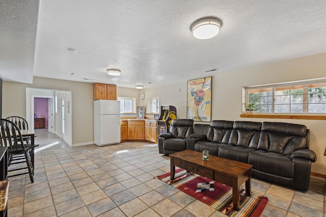 living room featuring a textured ceiling and baseboards