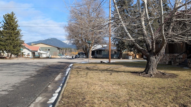 view of road with curbs and a mountain view