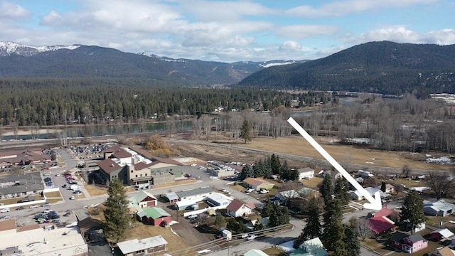 bird's eye view with a forest view and a mountain view