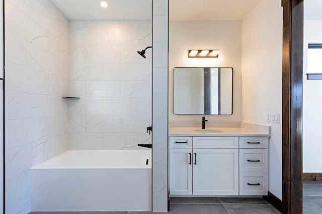 full bathroom with tub / shower combination, vanity, and baseboards