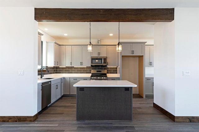 kitchen with decorative backsplash, appliances with stainless steel finishes, beam ceiling, gray cabinets, and a sink